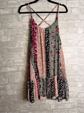 Hayden Patchwork Floral Mini Dress in Pink, Green & Black
